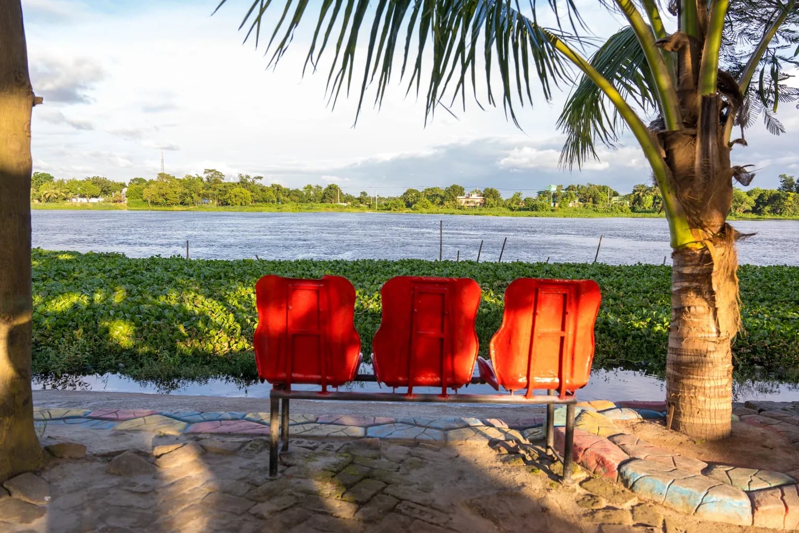 Seats on the river wall